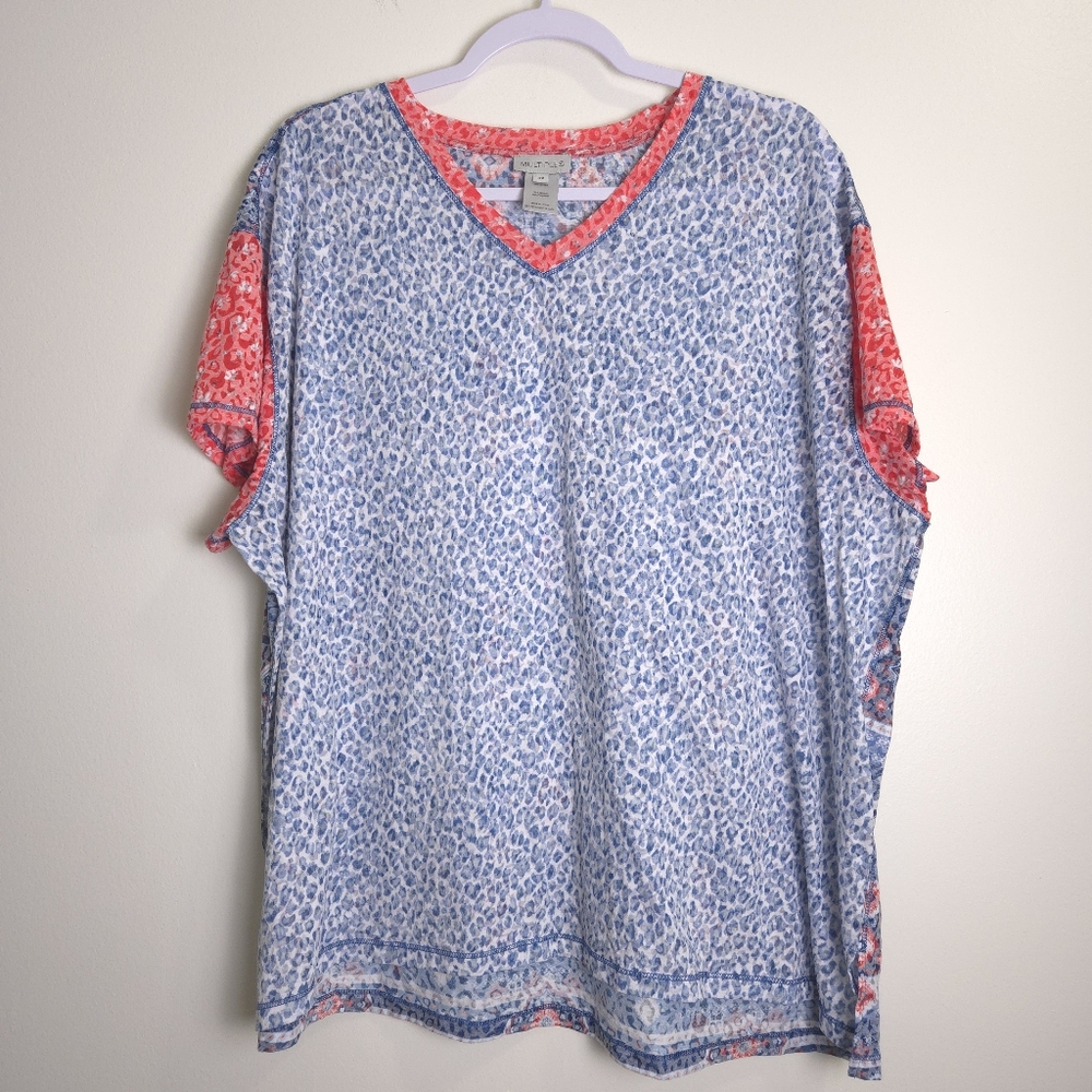 MULTIPLES Textured Cheetah Paisley Patternblock Semi Sheer V neck Tee 2X